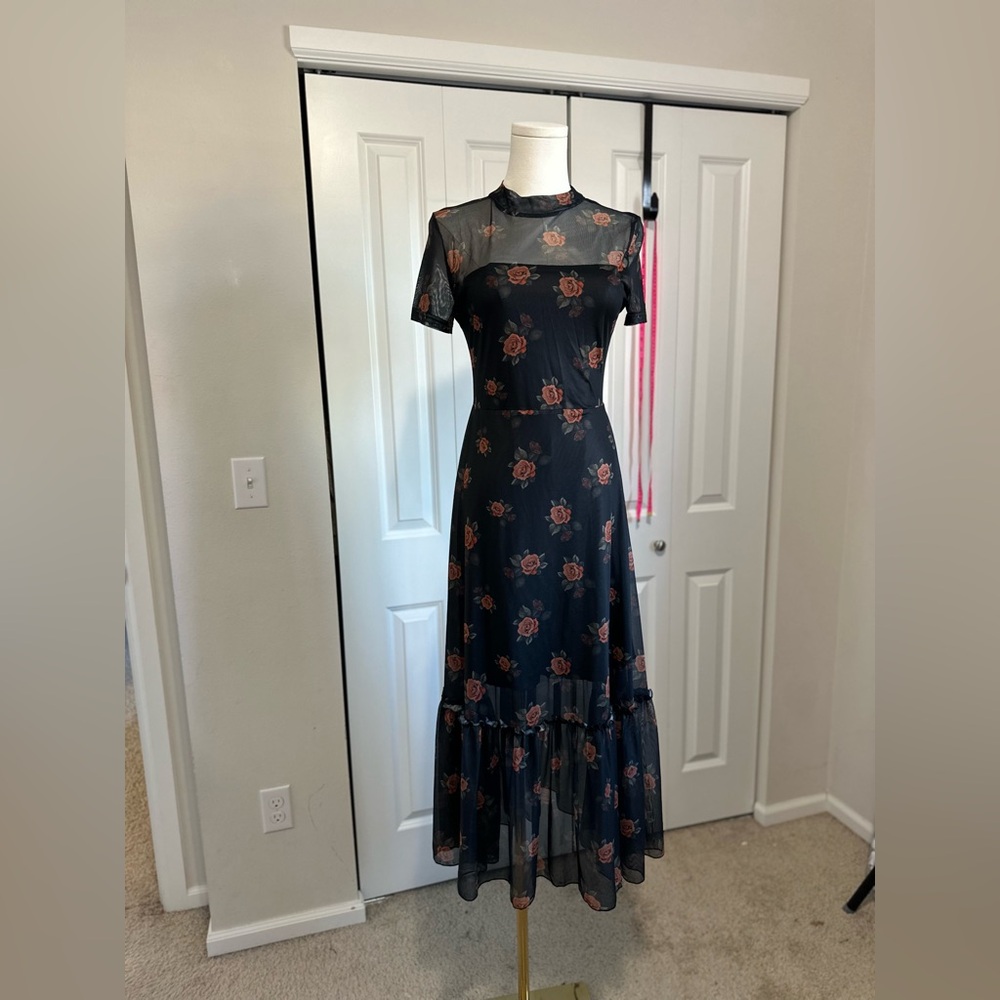 Black Floral Mesh Maxi Dress with Rose Print